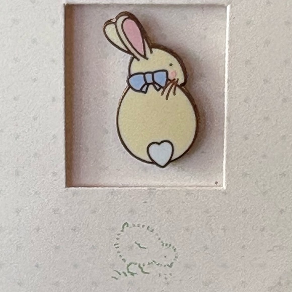Tiny little bunny pin with pink ears, a blue bow, and white “heart” cottontail - Picture 11 of 12